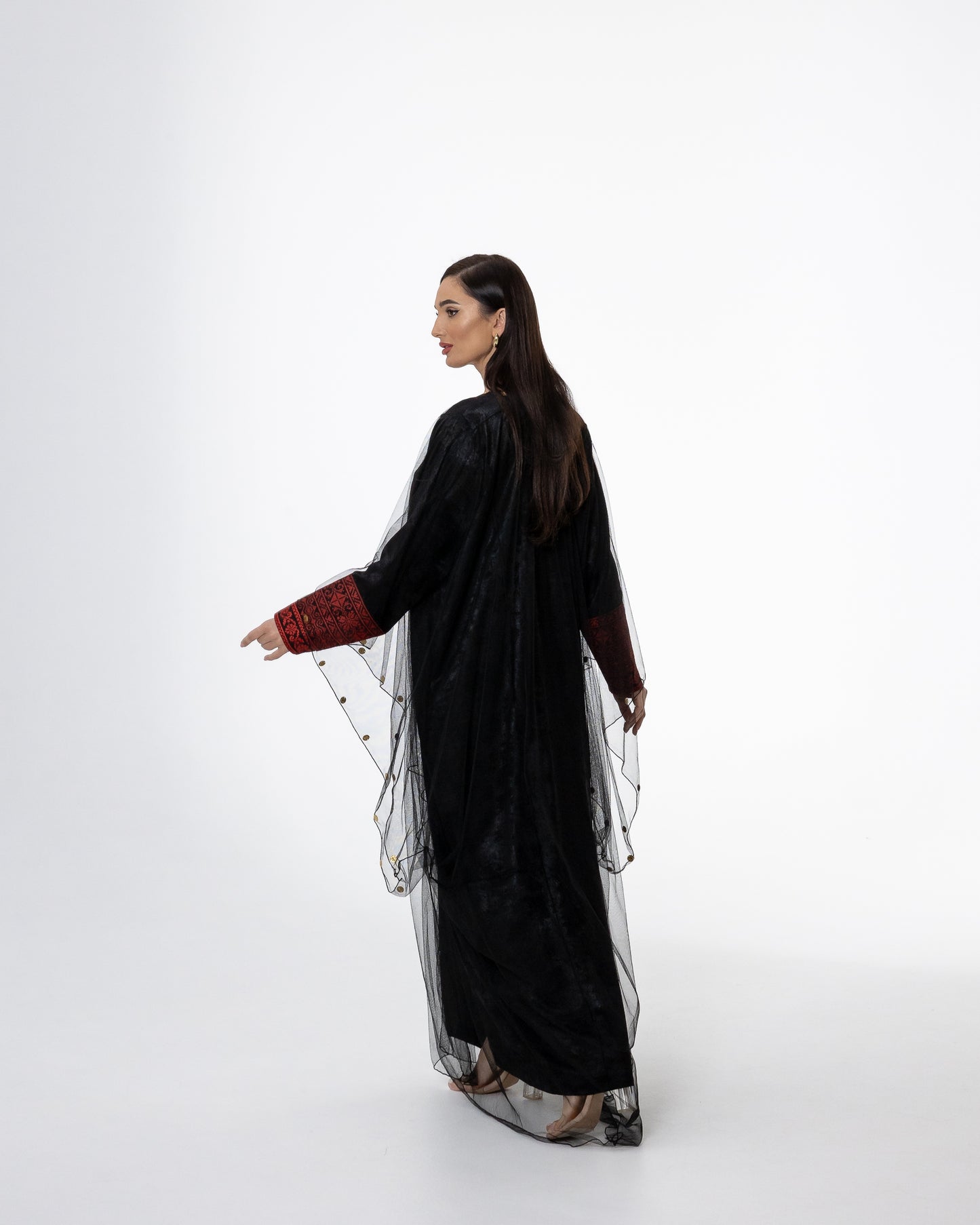 Black Kaftan with Sheer Overlay and Coins Details