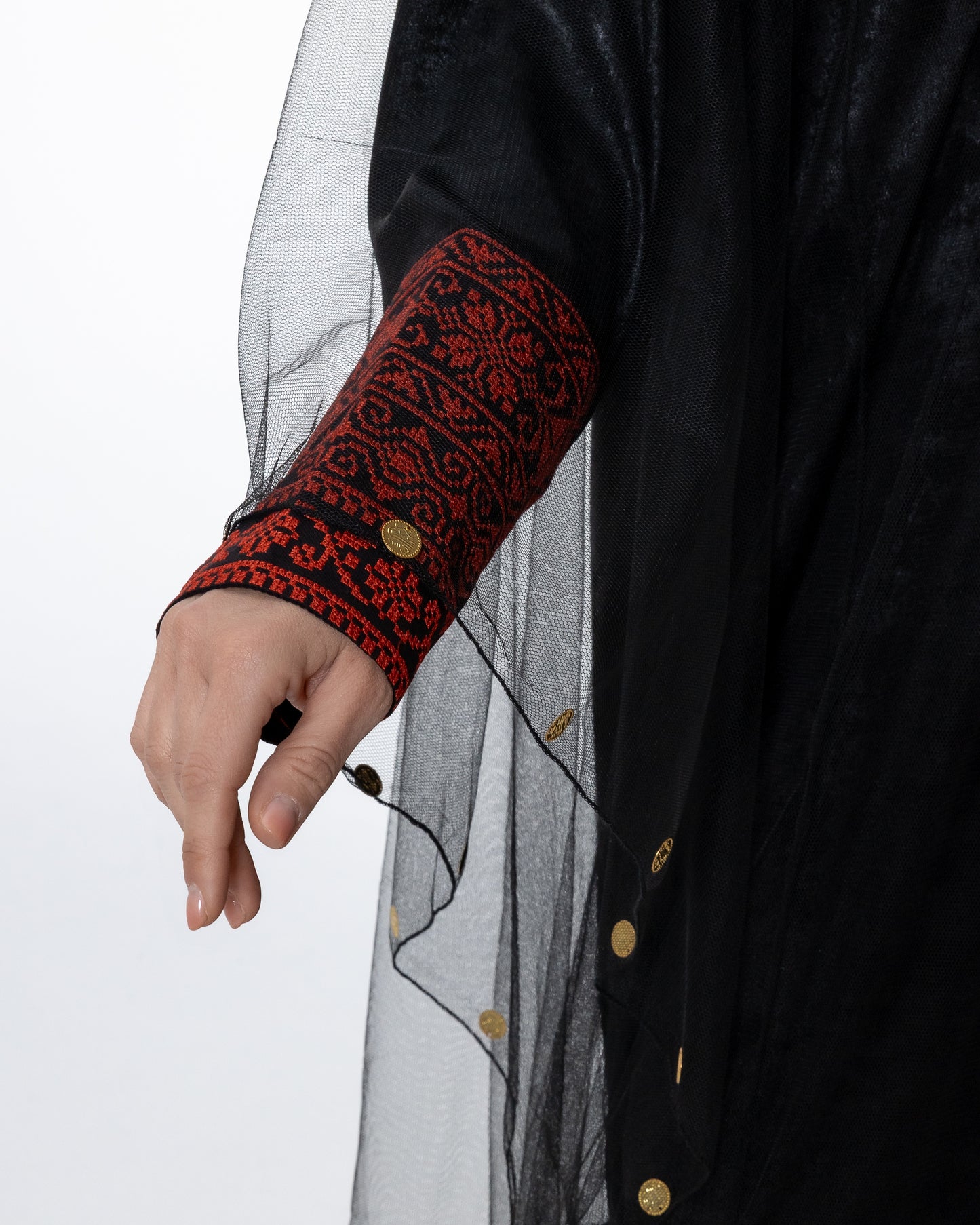 Black Kaftan with Sheer Overlay and Coins Details