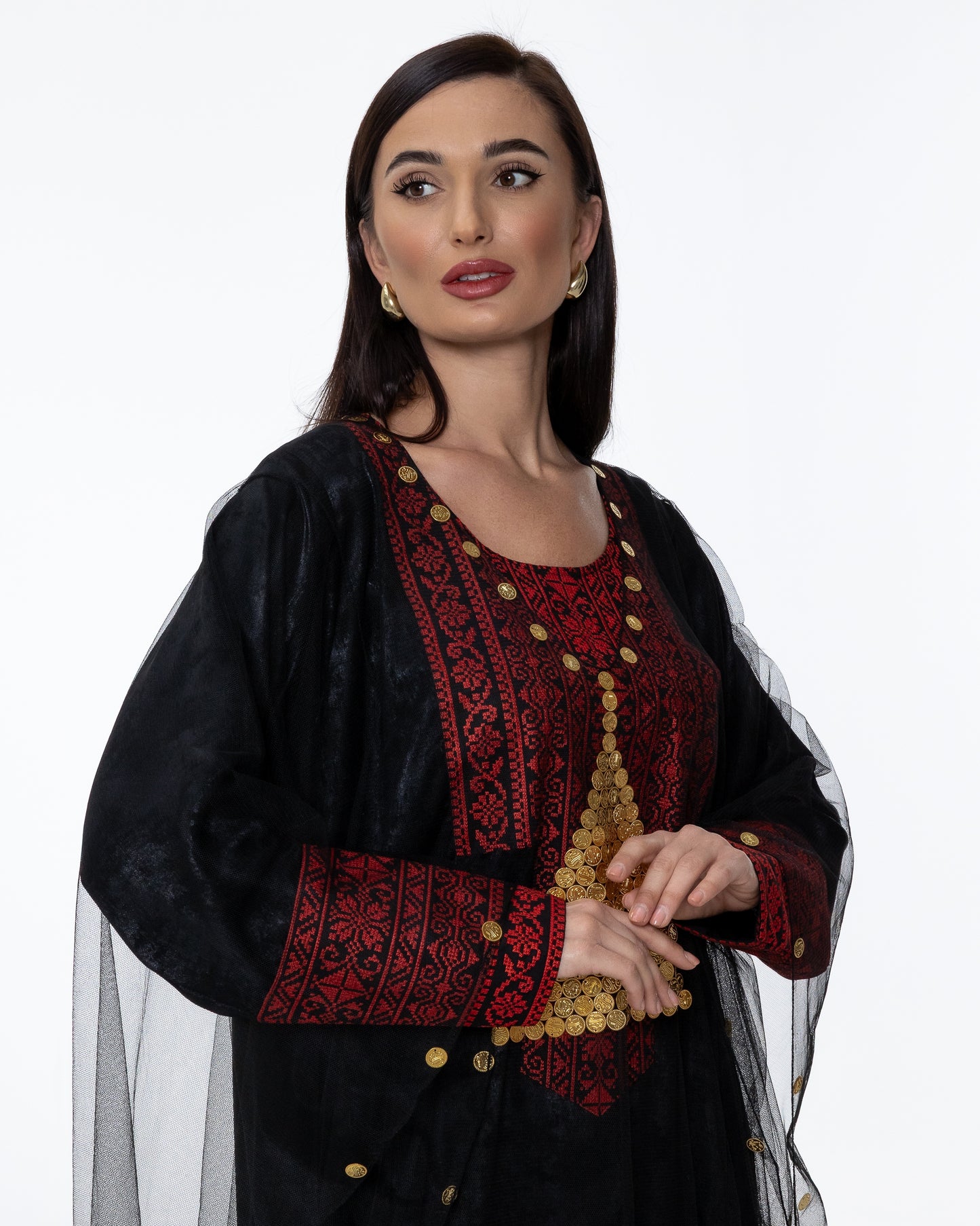 Black Kaftan with Sheer Overlay and Coins Details