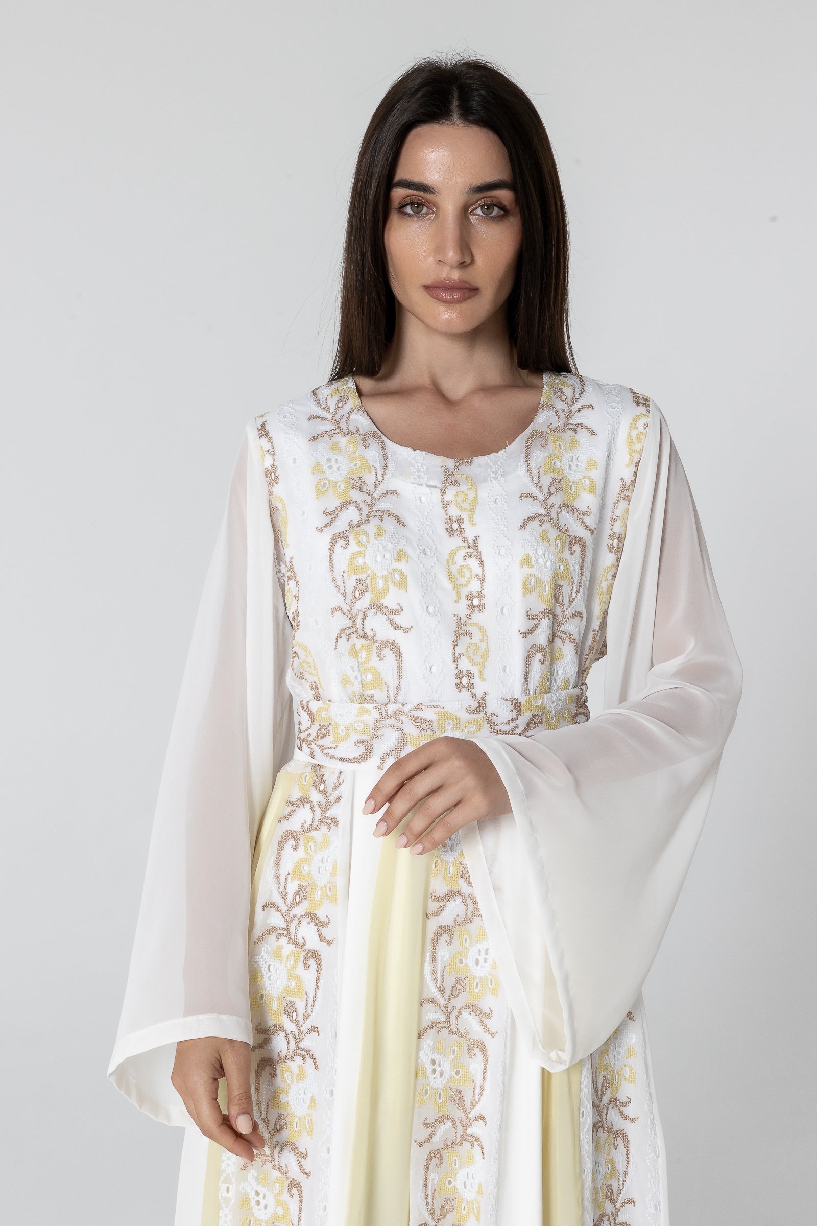 White Embroidered Dress with Sheer Sleeves – DARAZEAN
