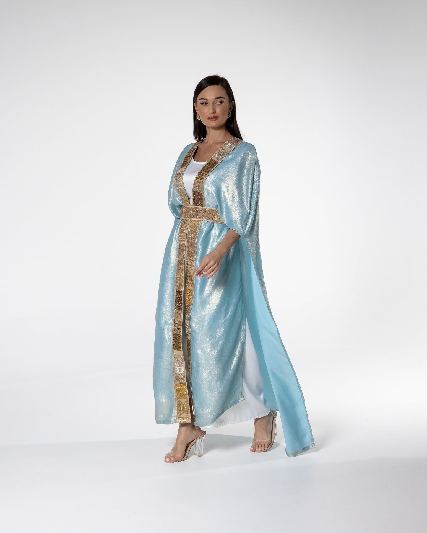Shimmering Sky Blue Abaya with Gold Detailing