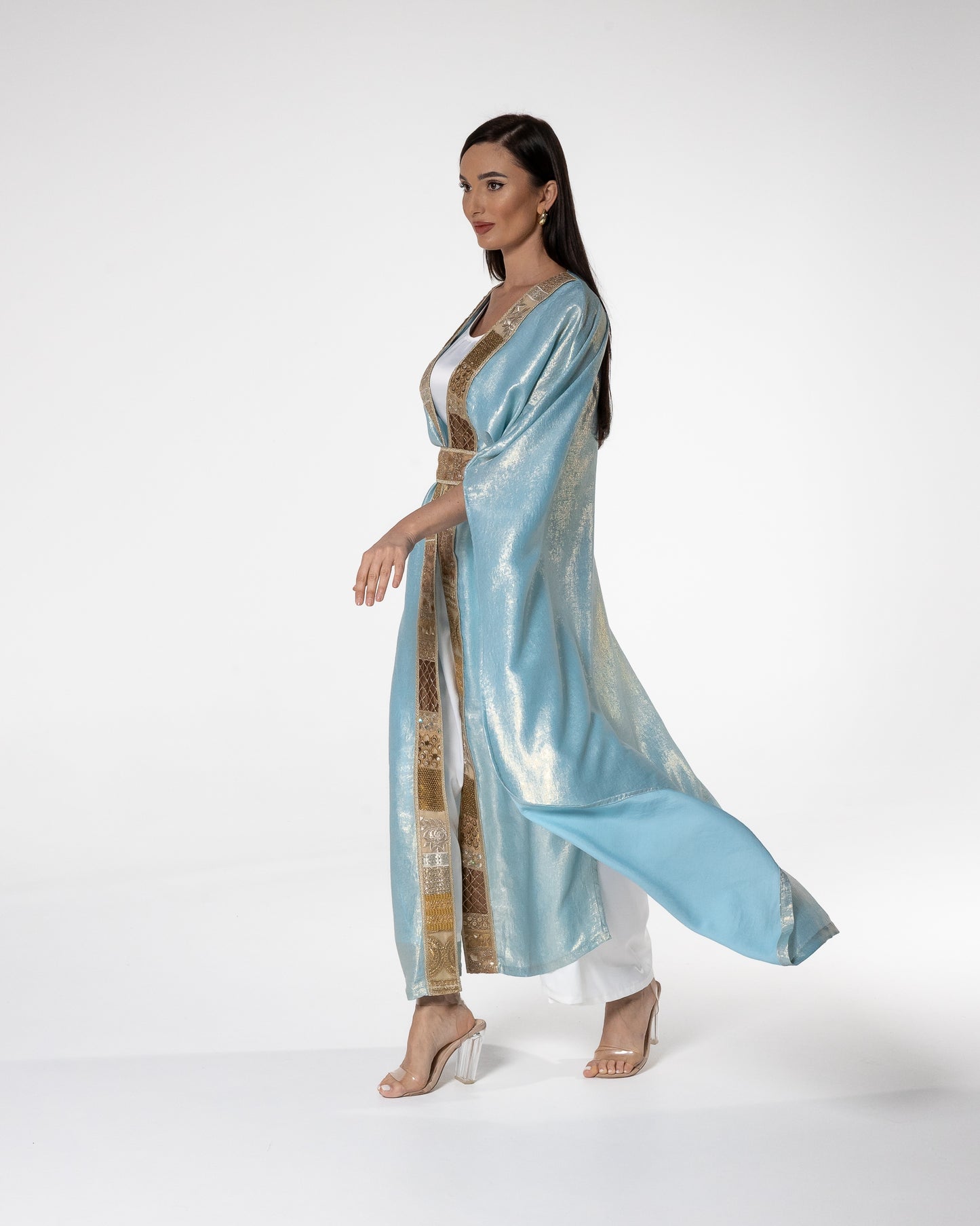 Shimmering Sky Blue Abaya with Gold Detailing