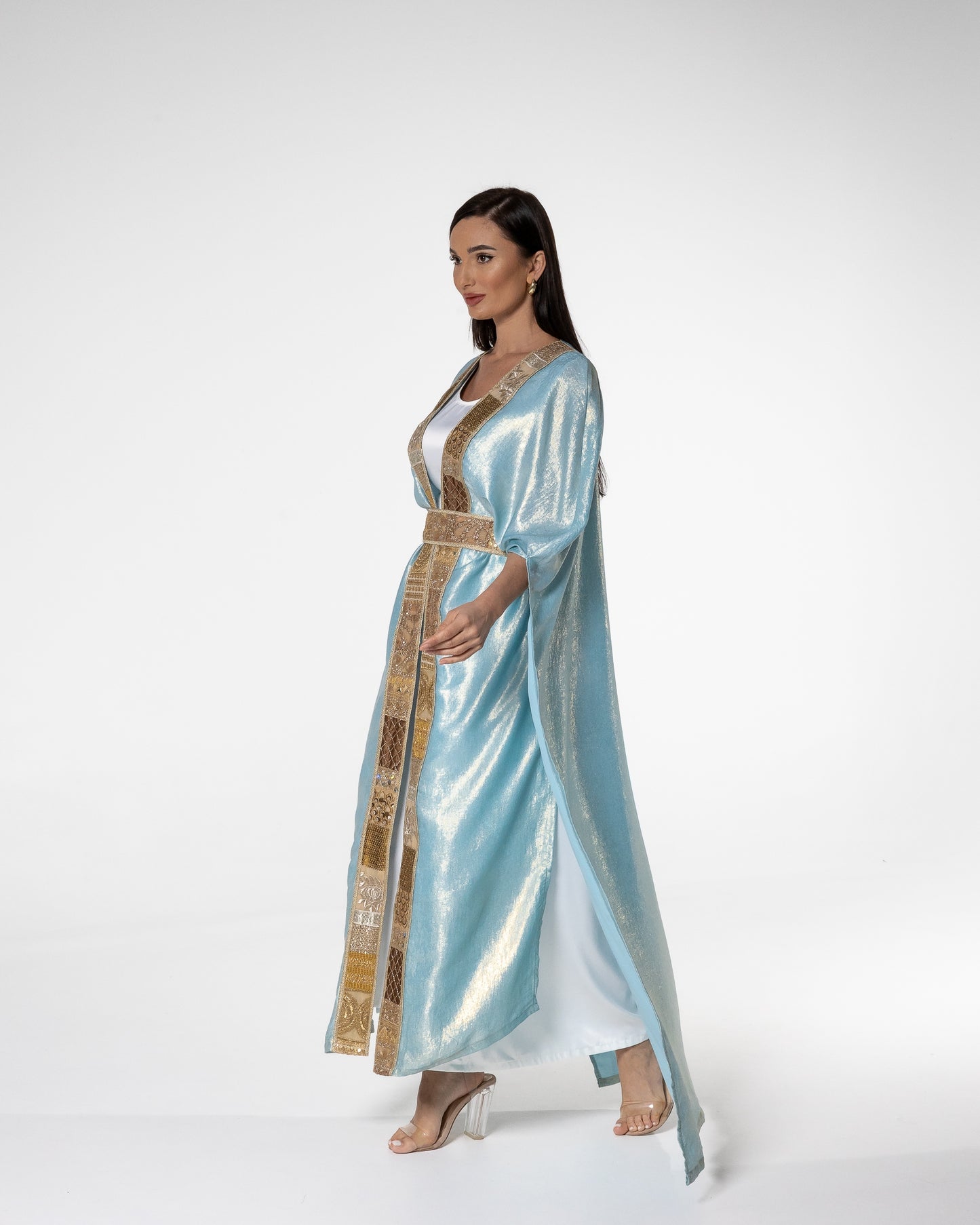 Shimmering Sky Blue Abaya with Gold Detailing