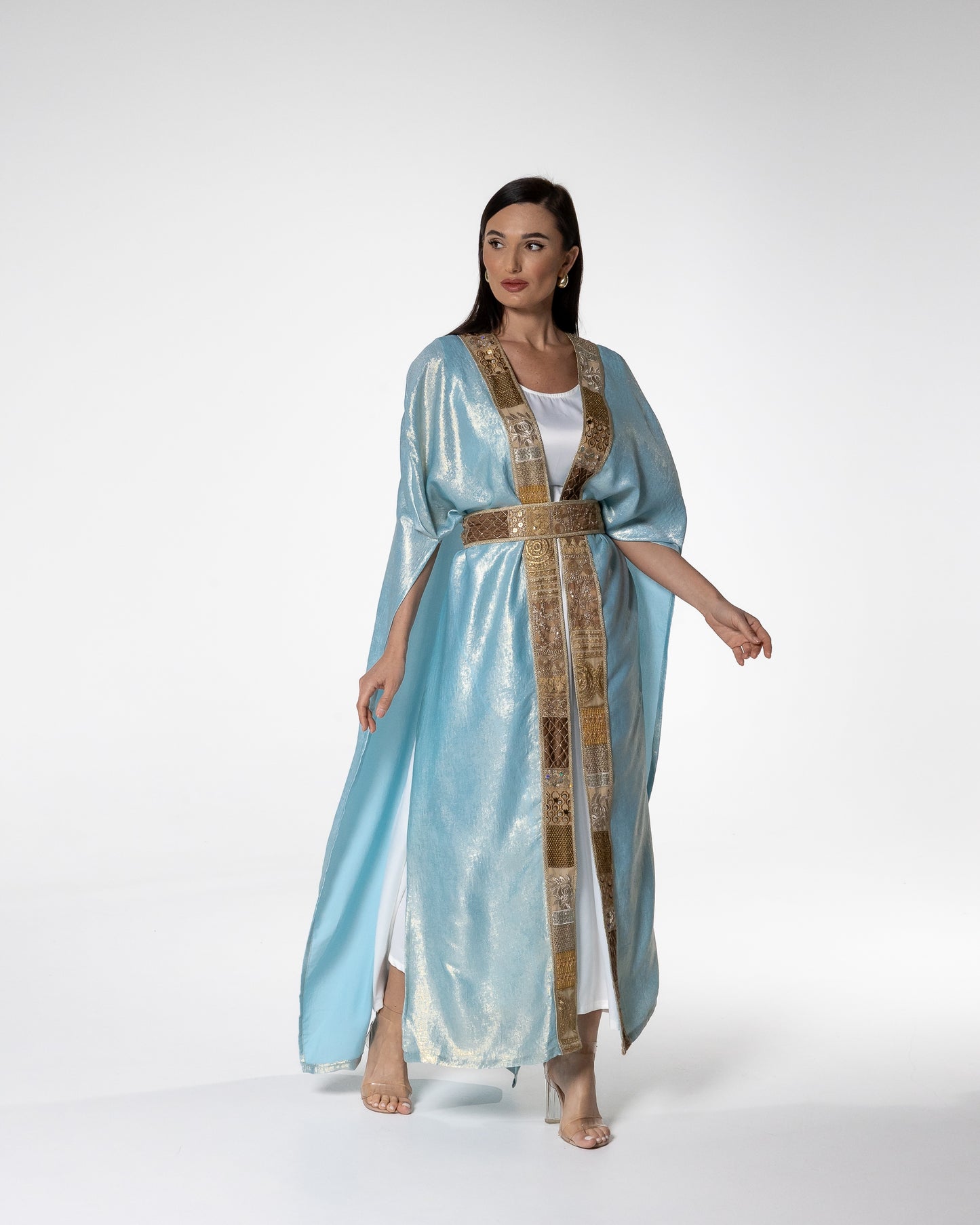 Shimmering Sky Blue Abaya with Gold Detailing