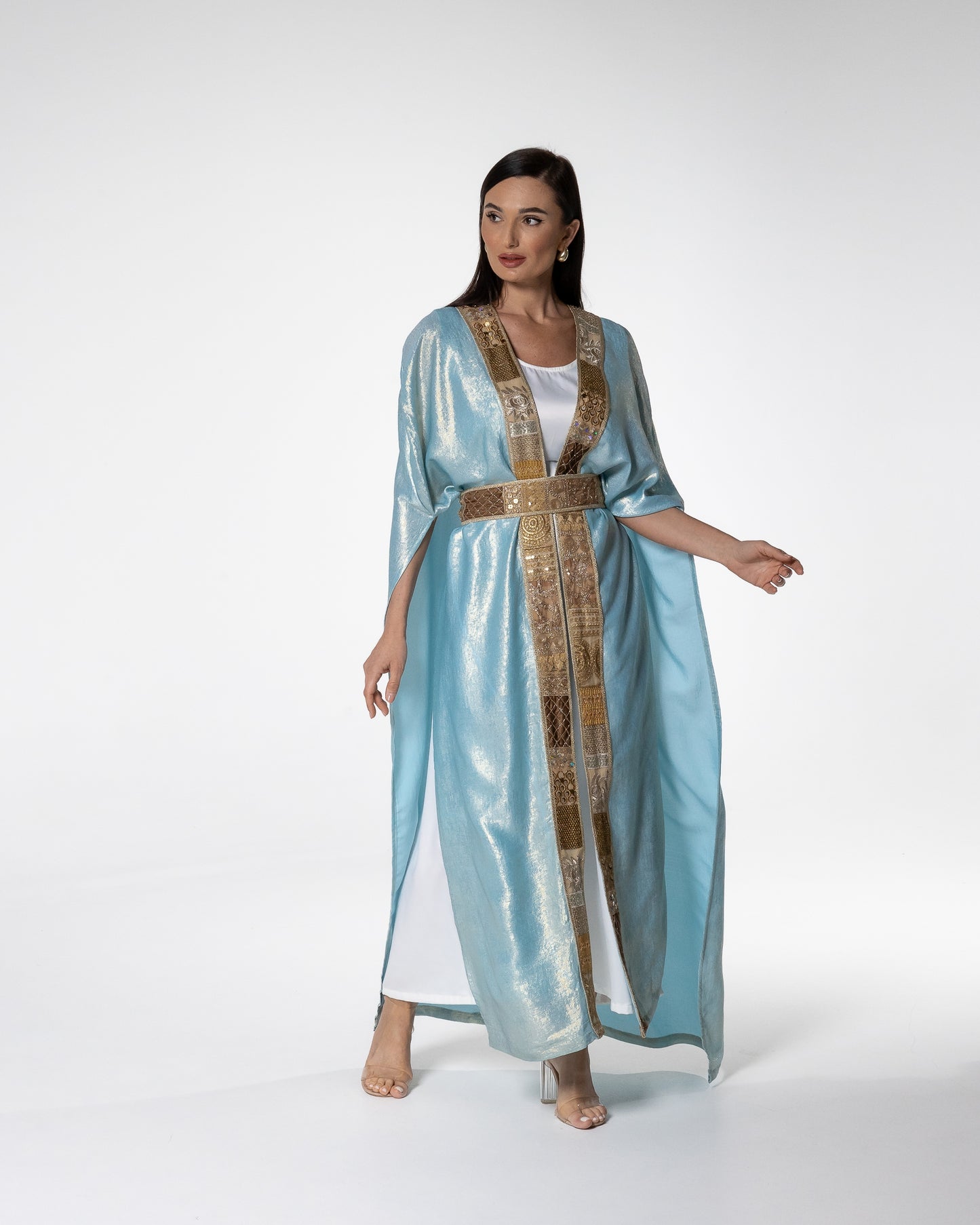 Shimmering Sky Blue Abaya with Gold Detailing