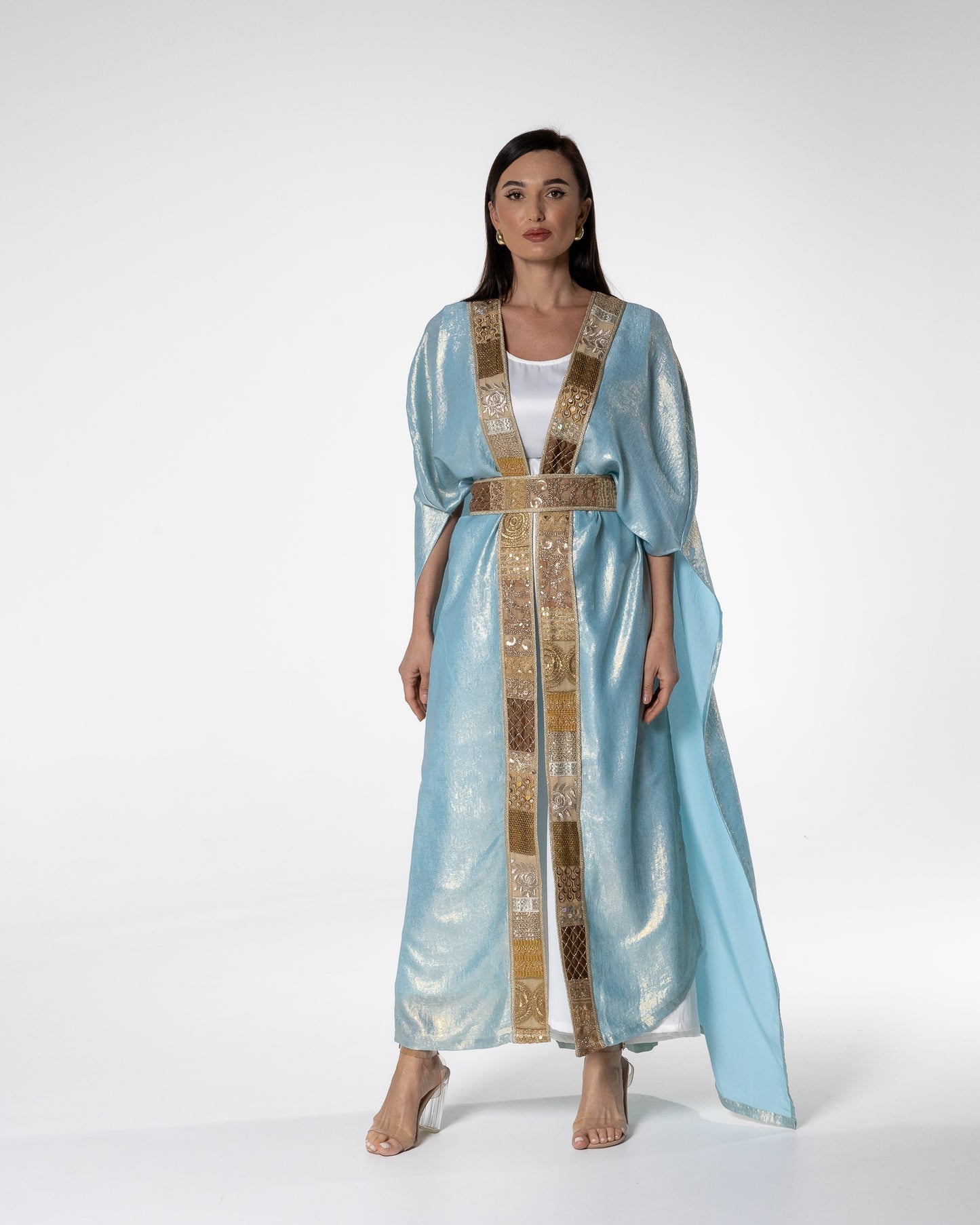 Shimmering Sky Blue Abaya with Gold Detailing