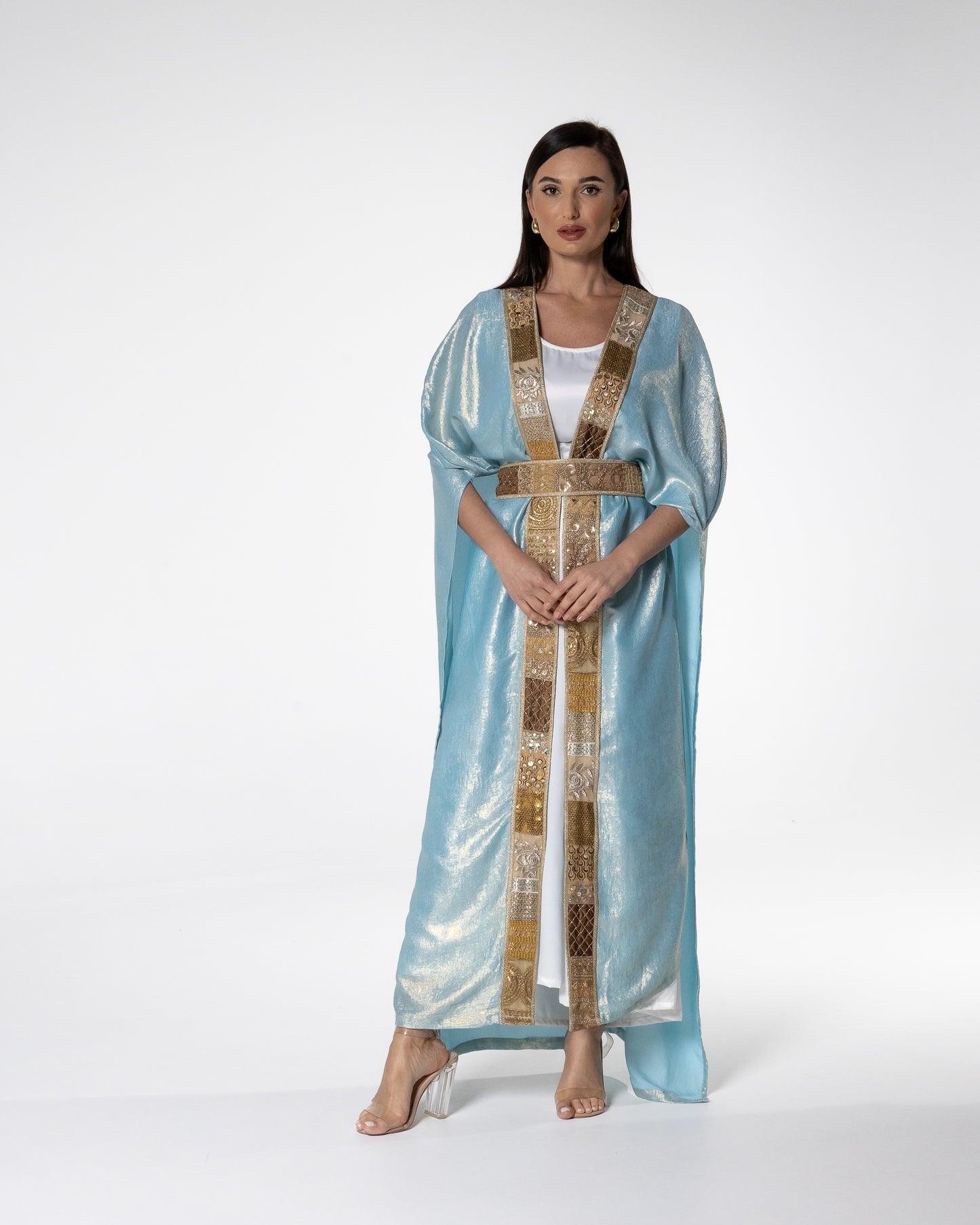 Shimmering Sky Blue Abaya with Gold Detailing
