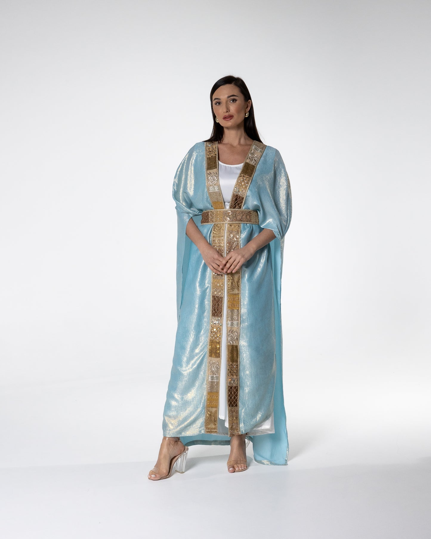 Shimmering Sky Blue Abaya with Gold Detailing