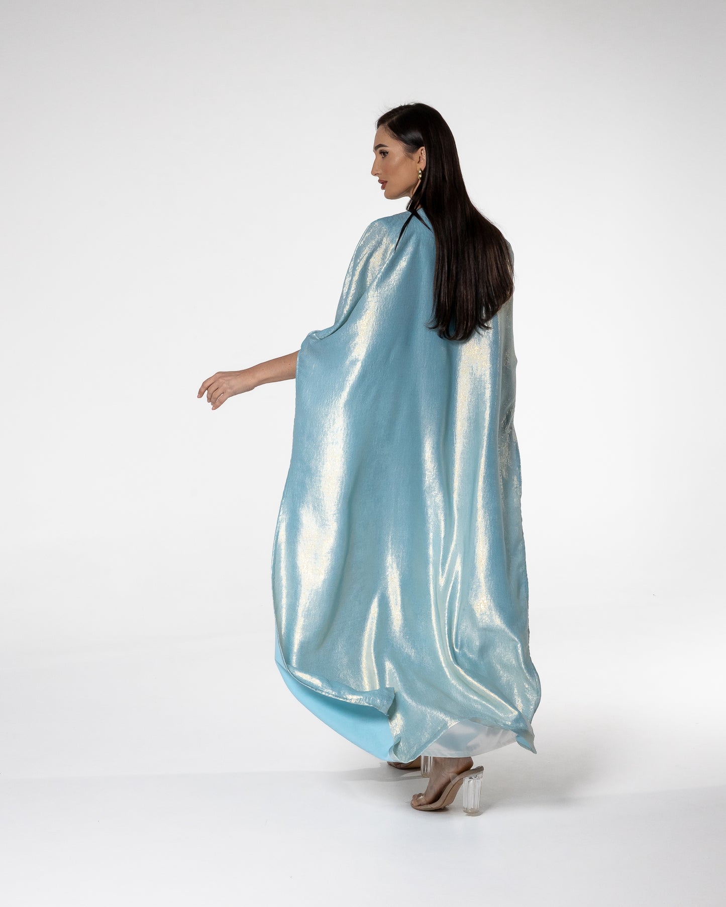 Shimmering Sky Blue Abaya with Gold Detailing