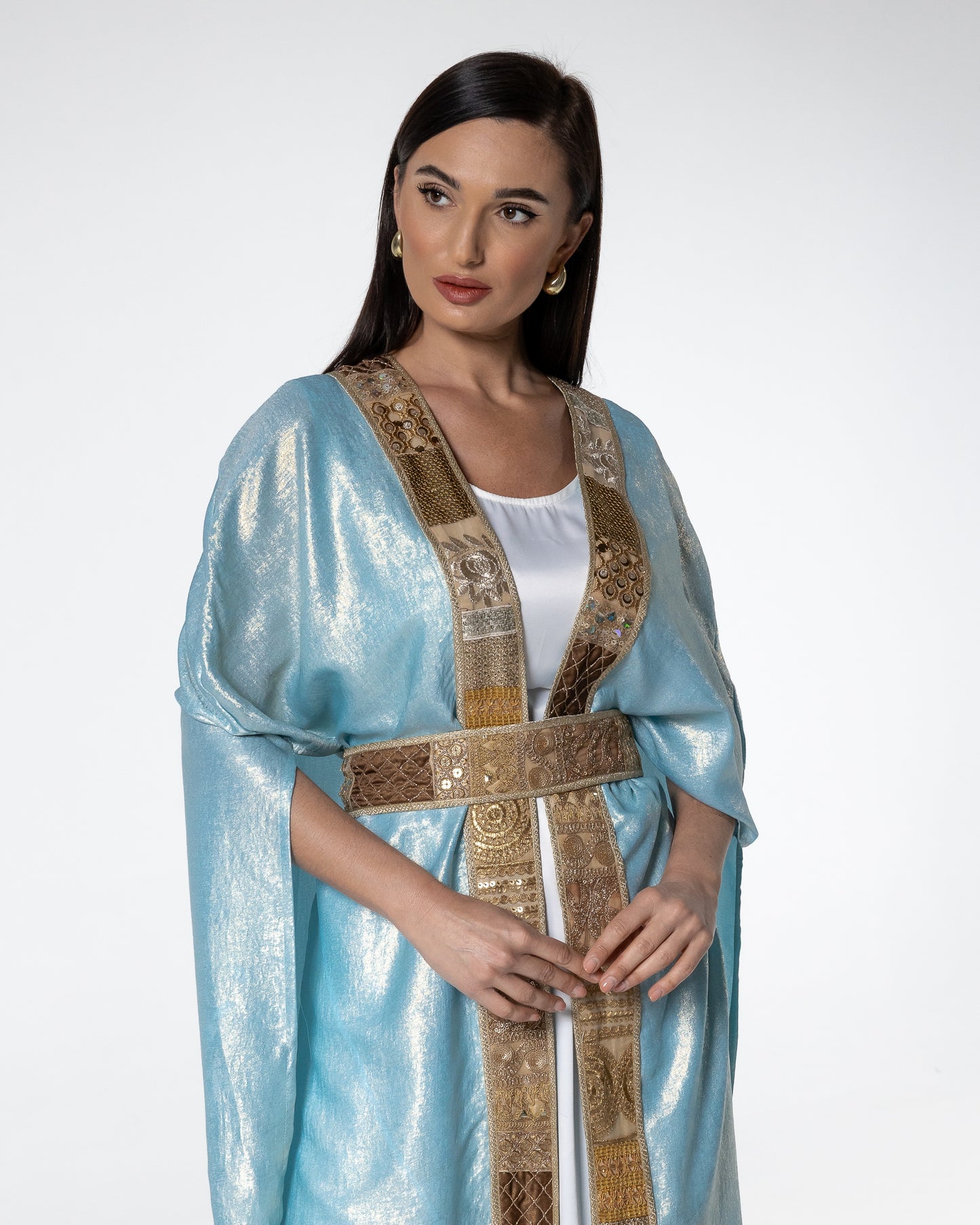 Shimmering Sky Blue Abaya with Gold Detailing