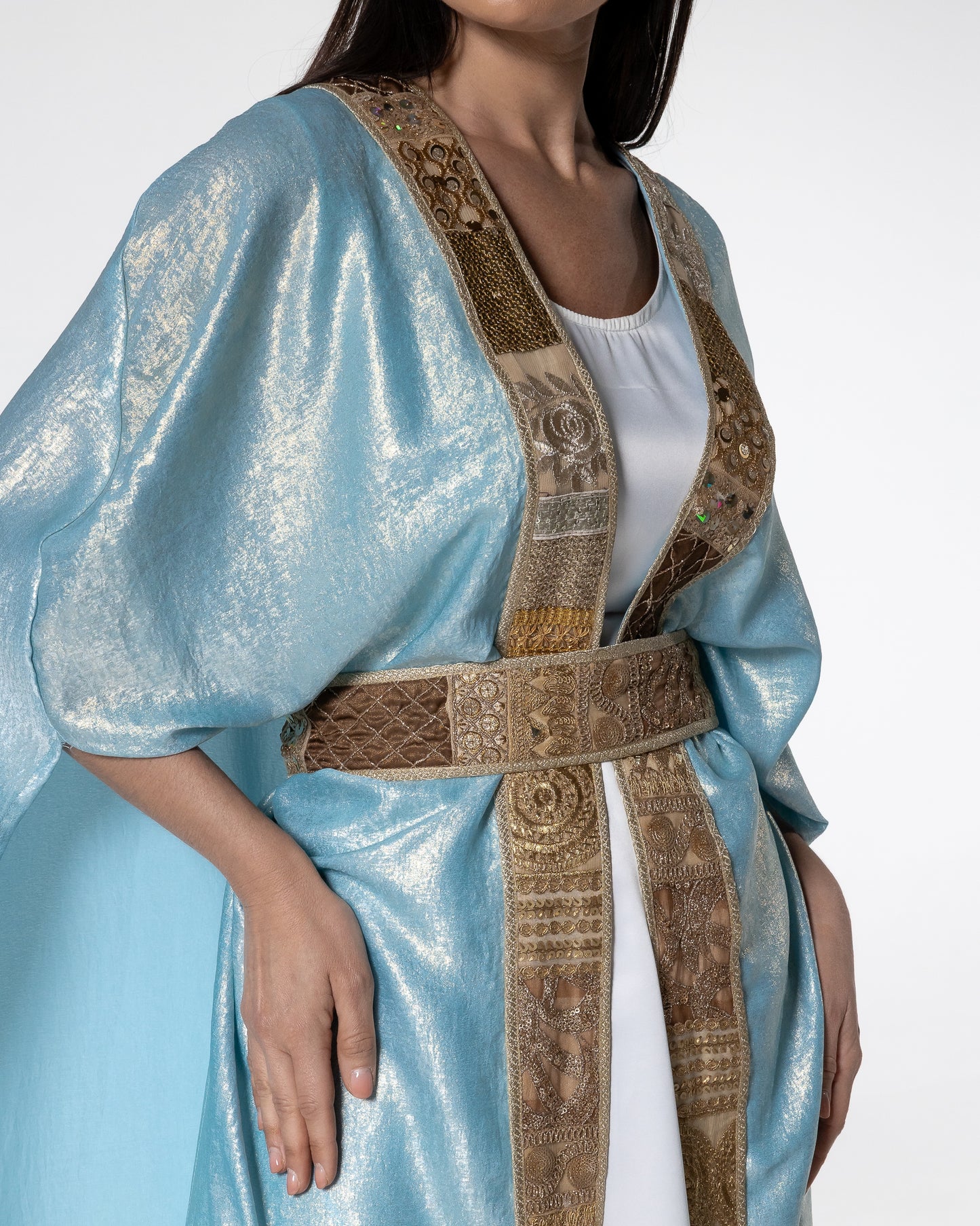 Shimmering Sky Blue Abaya with Gold Detailing