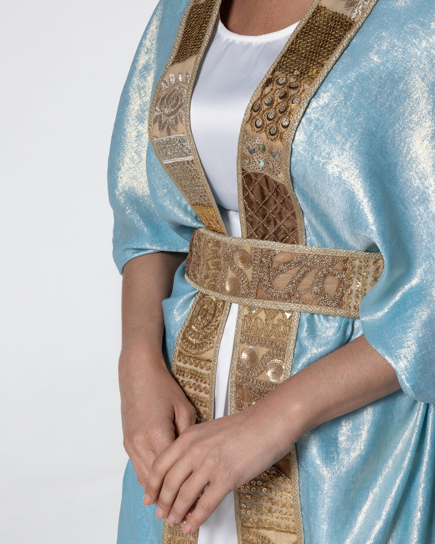 Shimmering Sky Blue Abaya with Gold Detailing