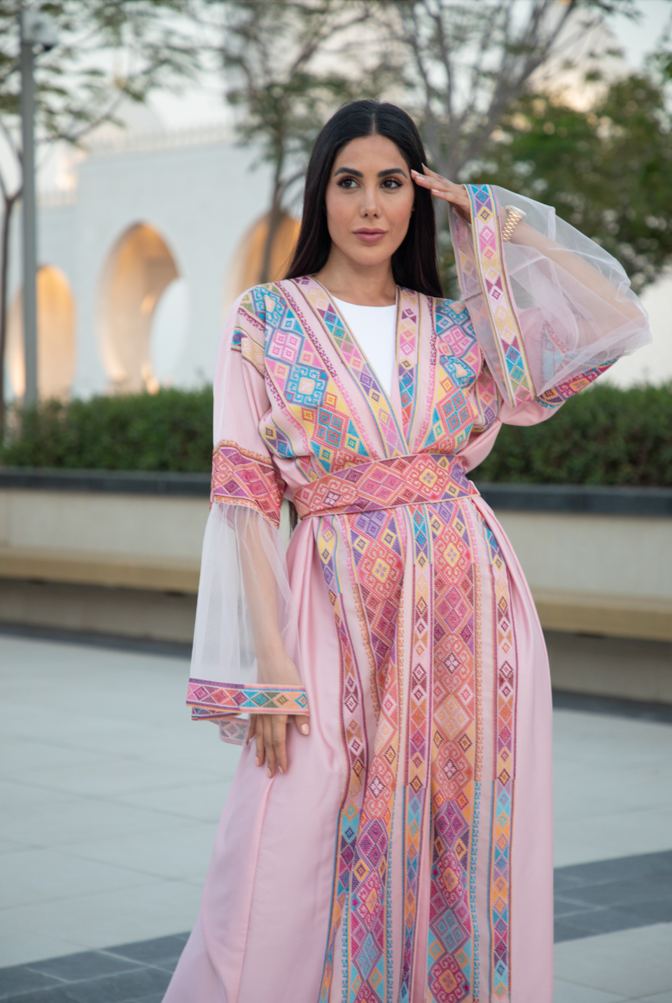 Pink Abaya with Palestinian Modern Tatreez