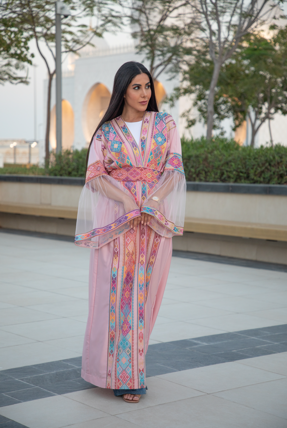 Pink Abaya with Palestinian Modern Tatreez