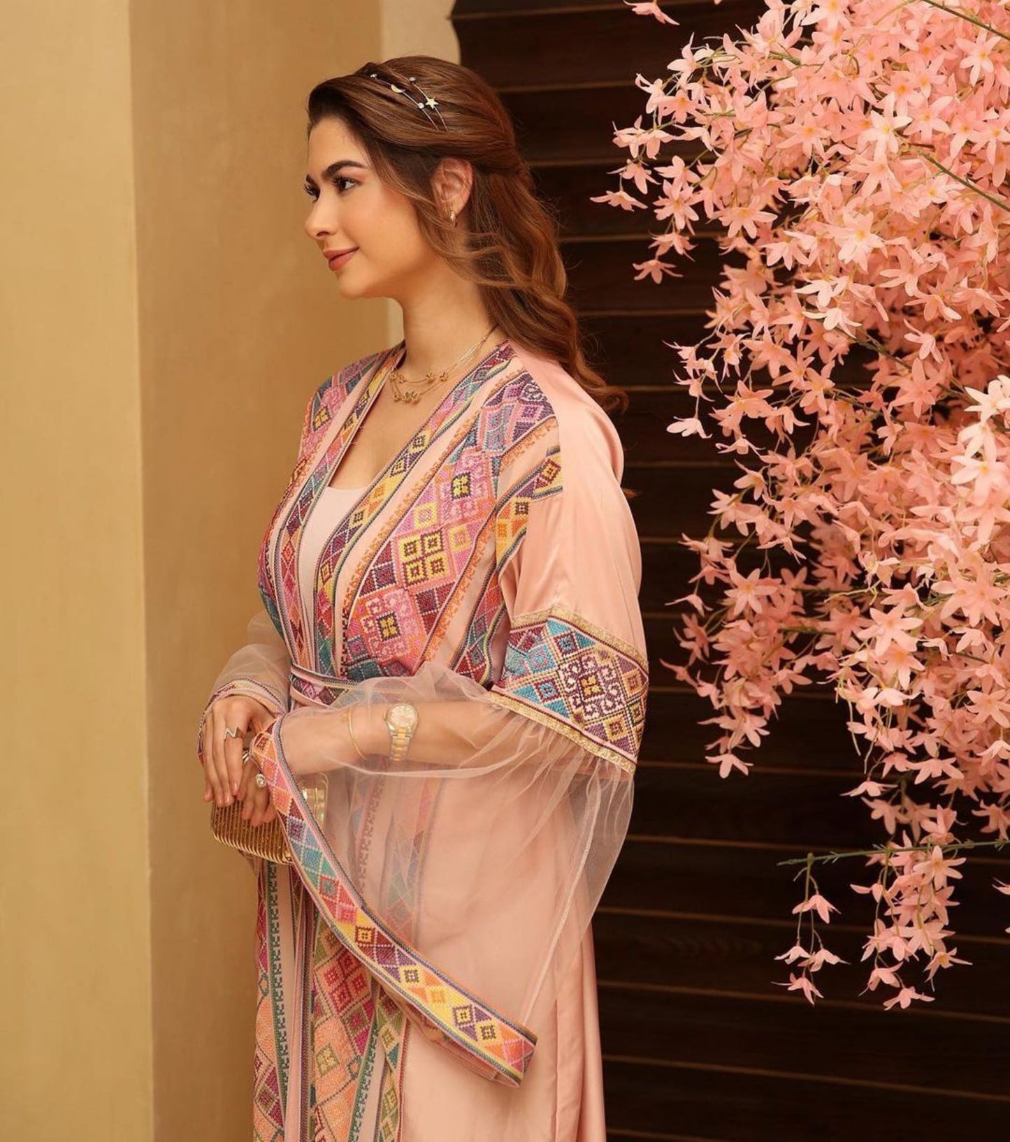 Pink Abaya with Palestinian Modern Tatreez