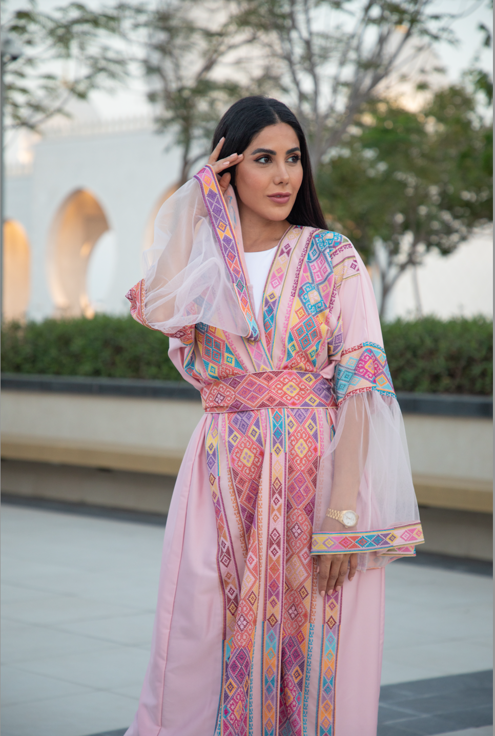 Pink Abaya with Palestinian Modern Tatreez
