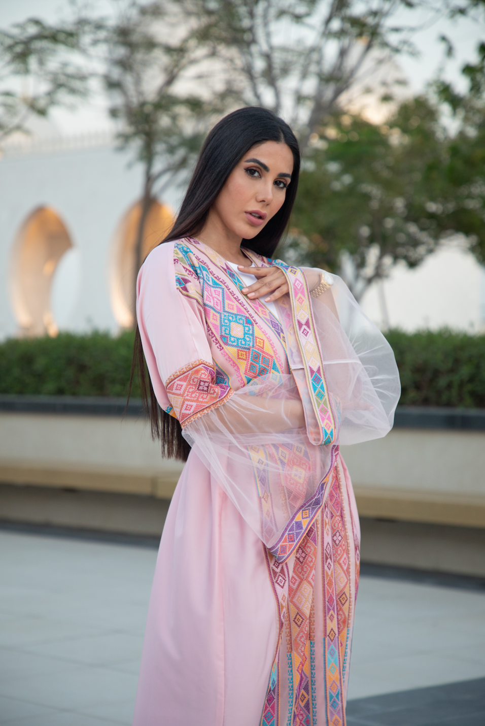 Pink Abaya with Palestinian Modern Tatreez
