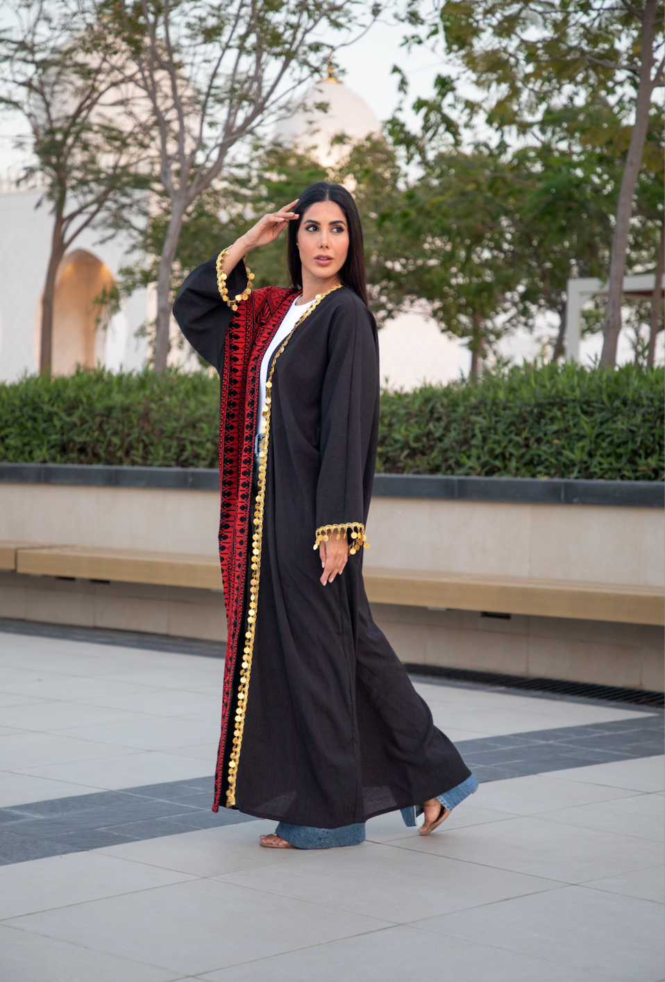 Adult Red & Black Abaya with Tatreez & Gold coins (Lerat)