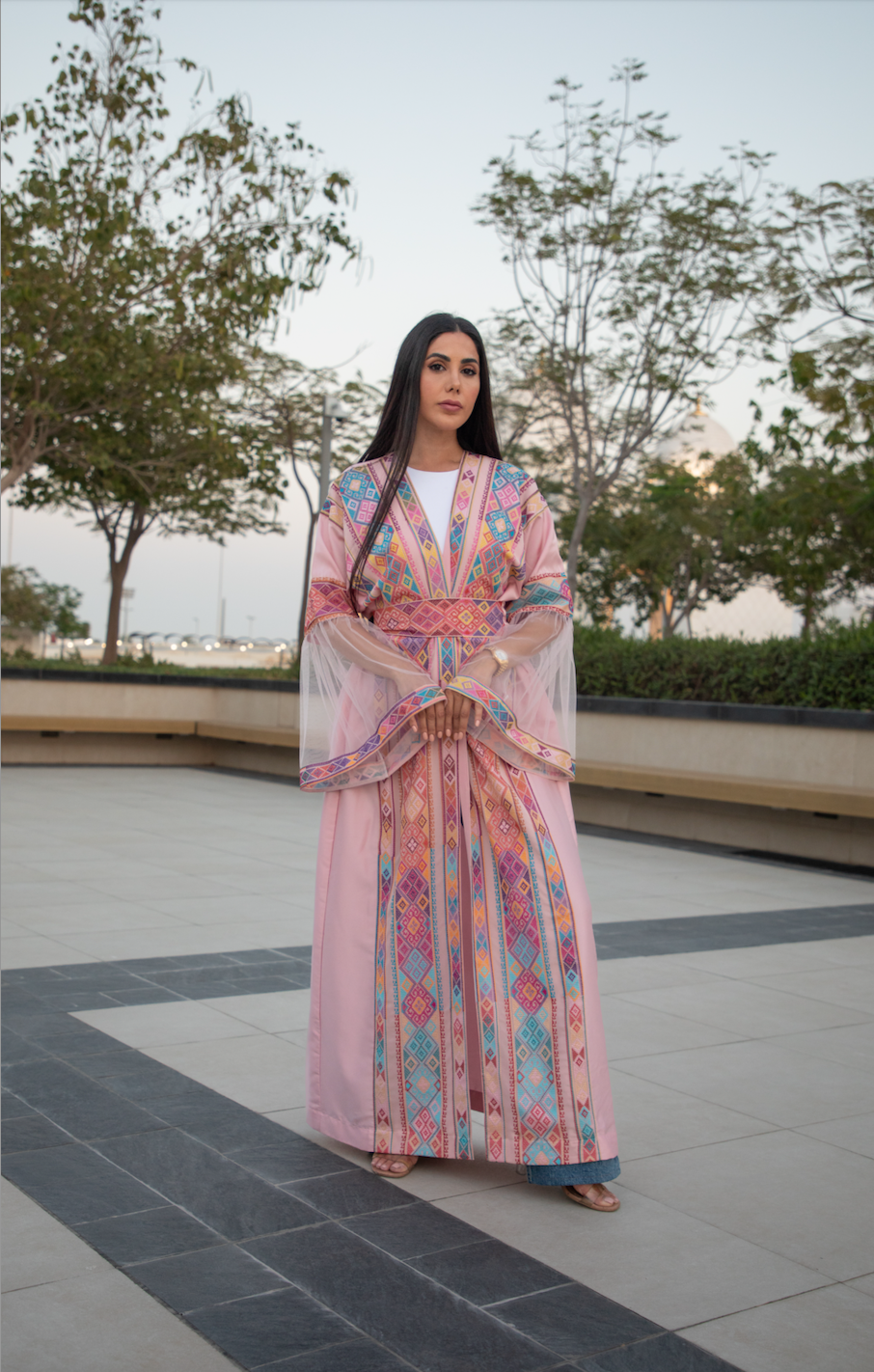 Pink Abaya with Palestinian Modern Tatreez