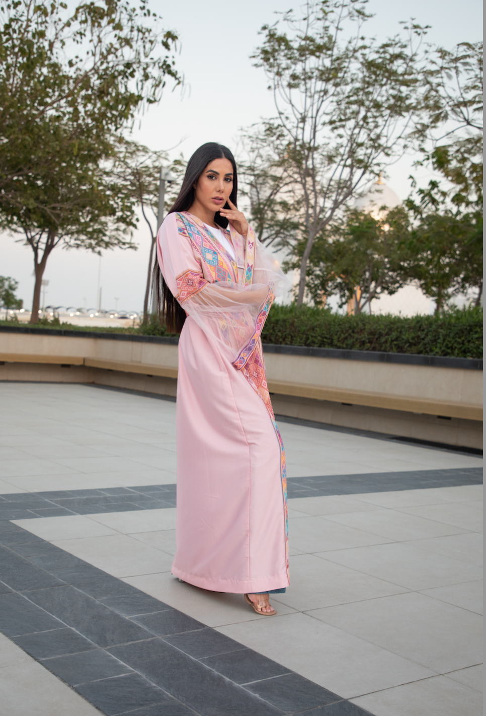 Pink Abaya with Palestinian Modern Tatreez