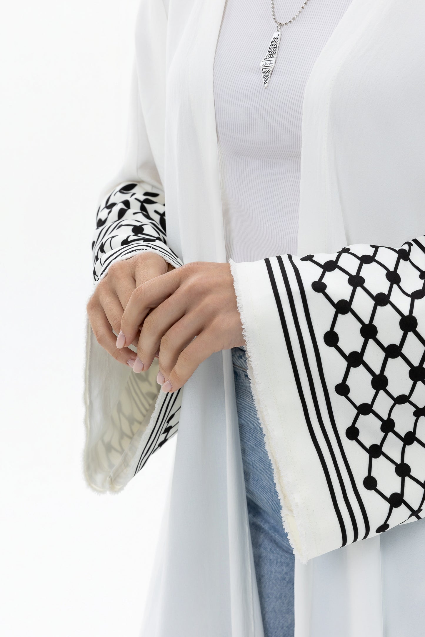 White Abaya with Keffiyeh Sleeves