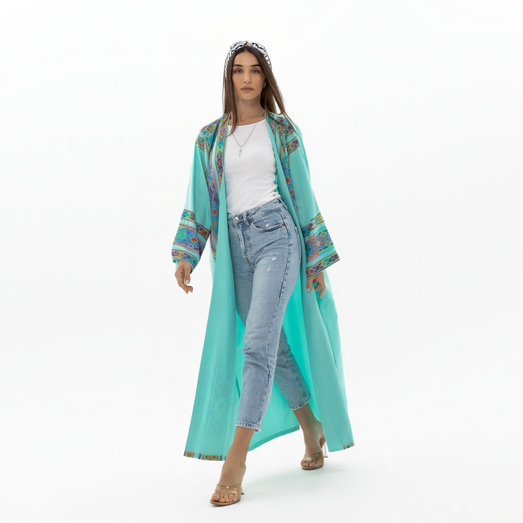 Turquoise open abaya with Tatreez Details