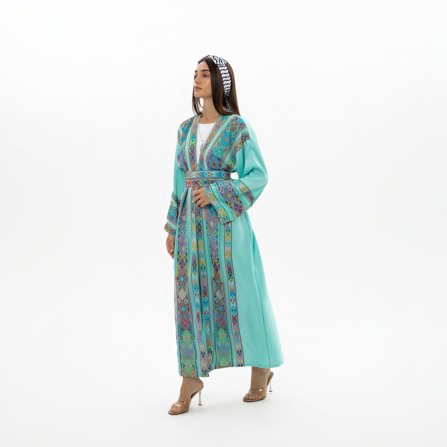 Turquoise open abaya with Tatreez Details