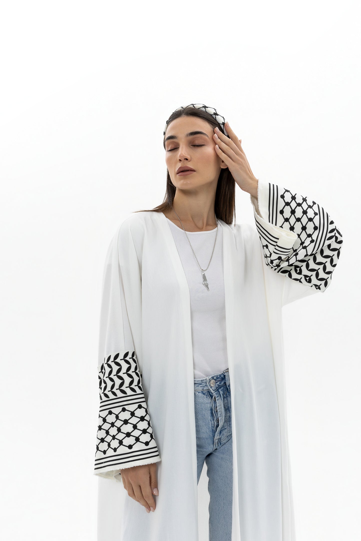 White Abaya with Keffiyeh Sleeves