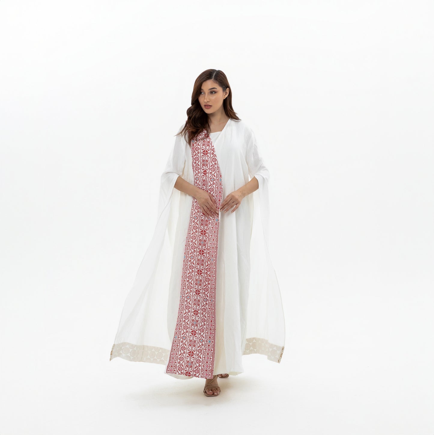 White abaya with Red Embroidery Details