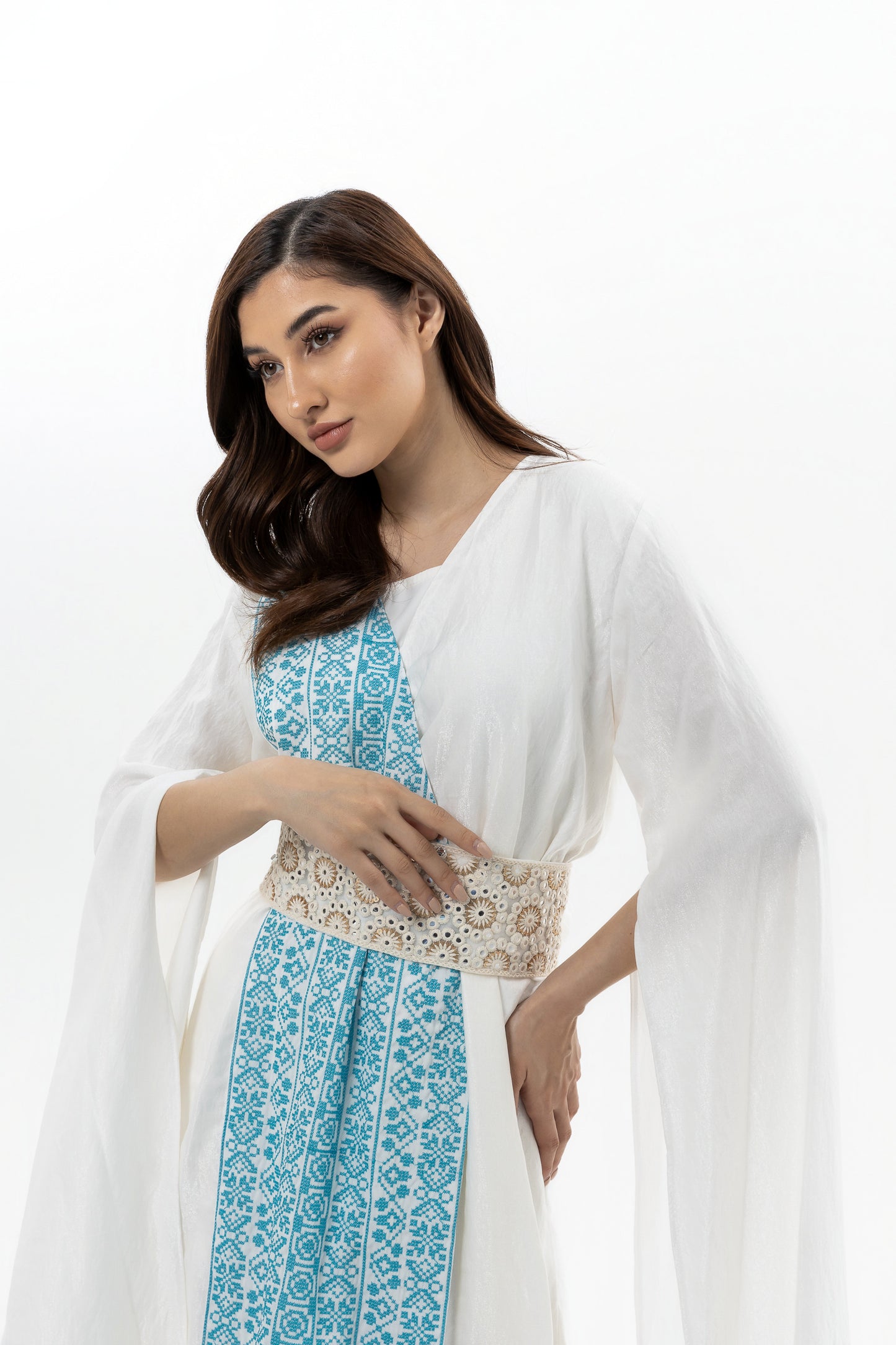 White Abaya with Blue Embroidery Details