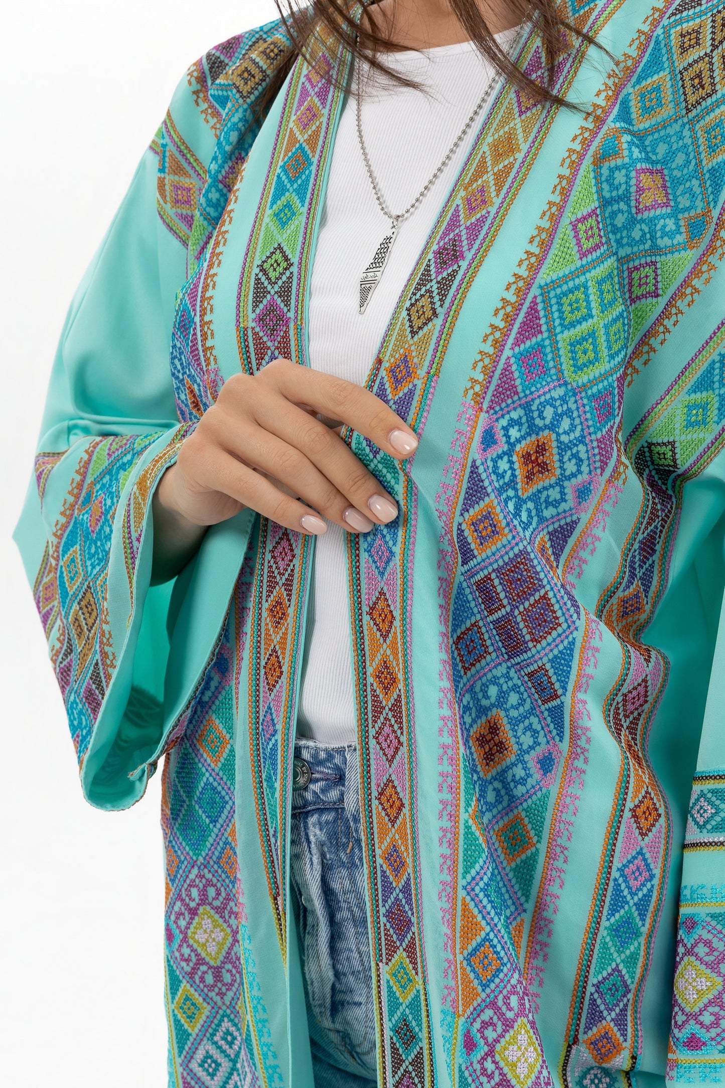 Turquoise open abaya with Tatreez Details