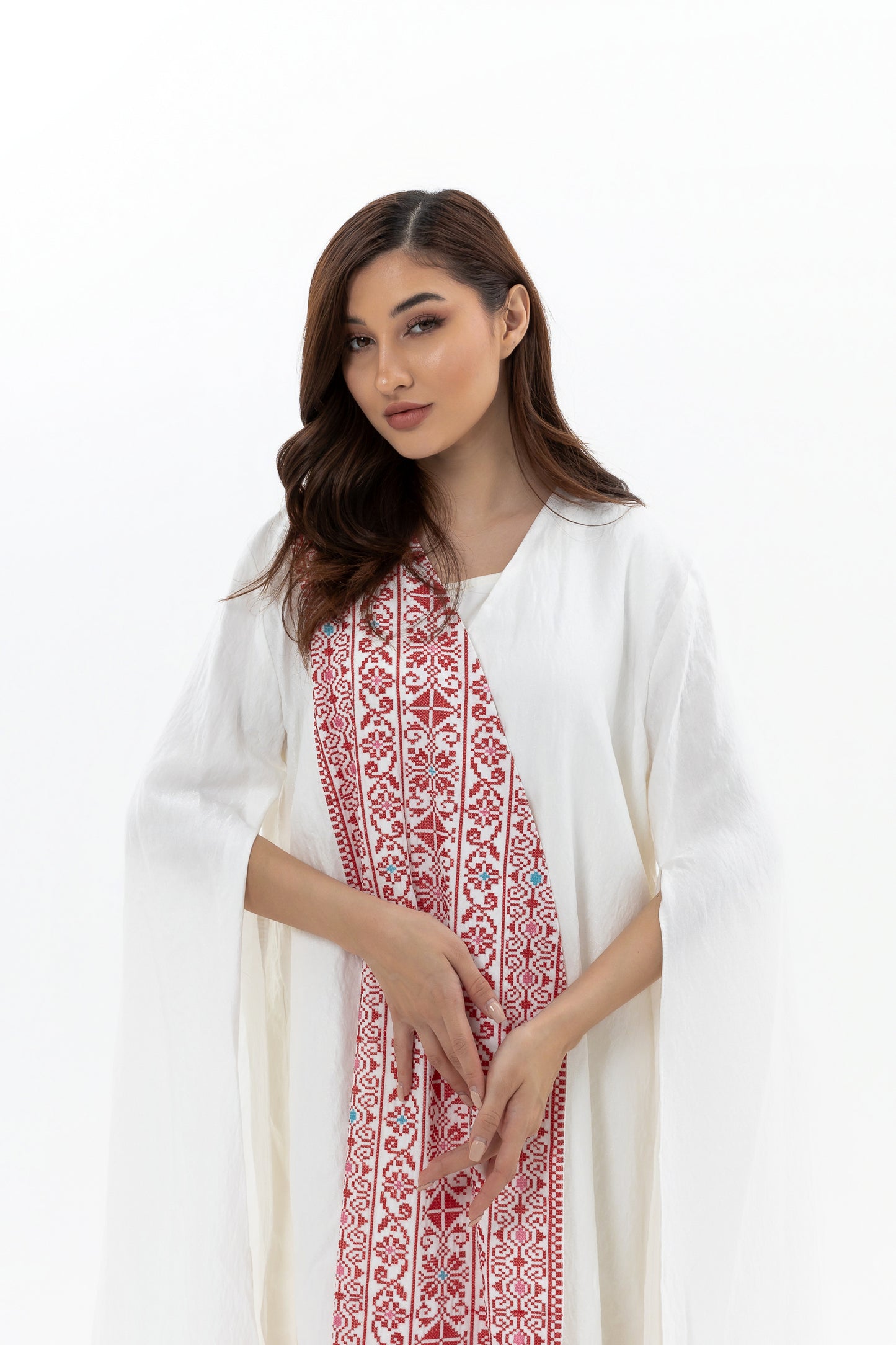 White abaya with Red Embroidery Details