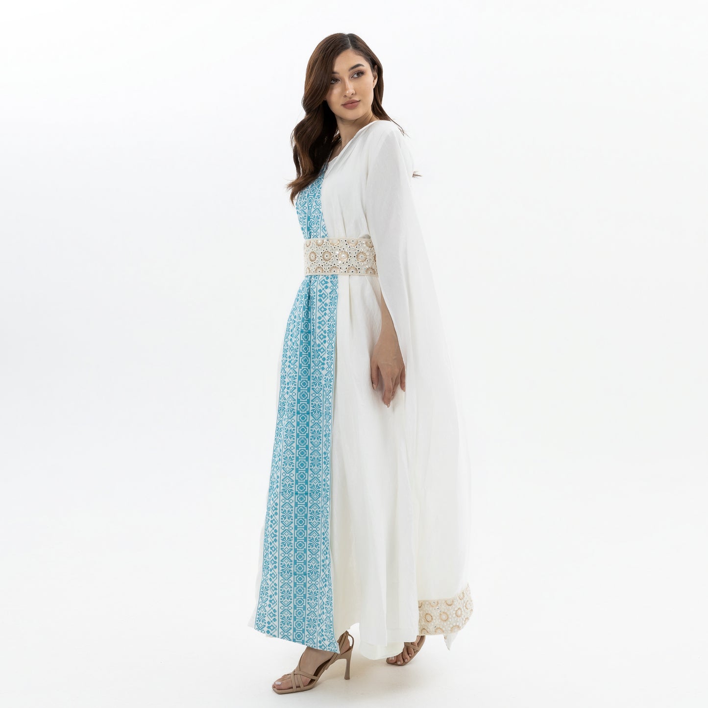 White Abaya with Blue Embroidery Details