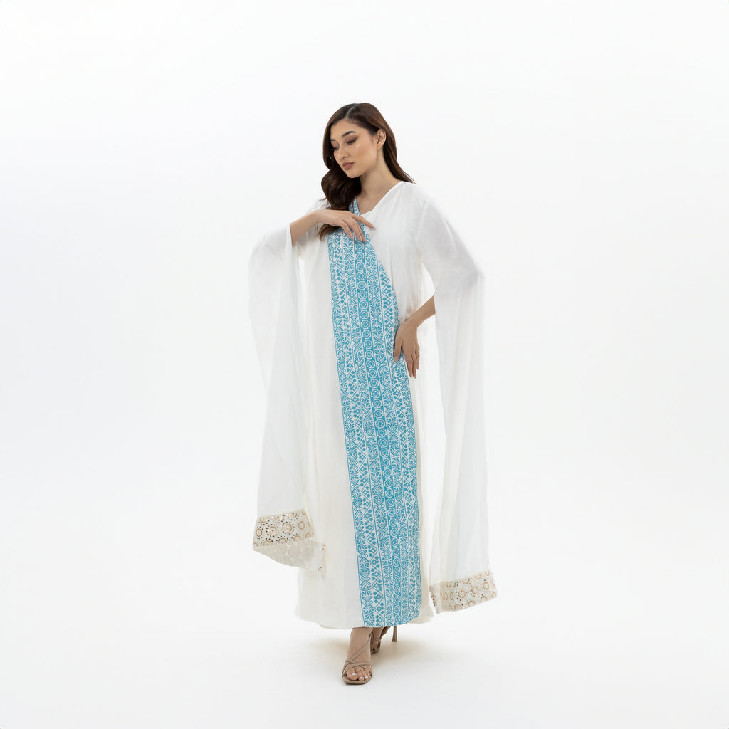White Abaya with Blue Embroidery Details