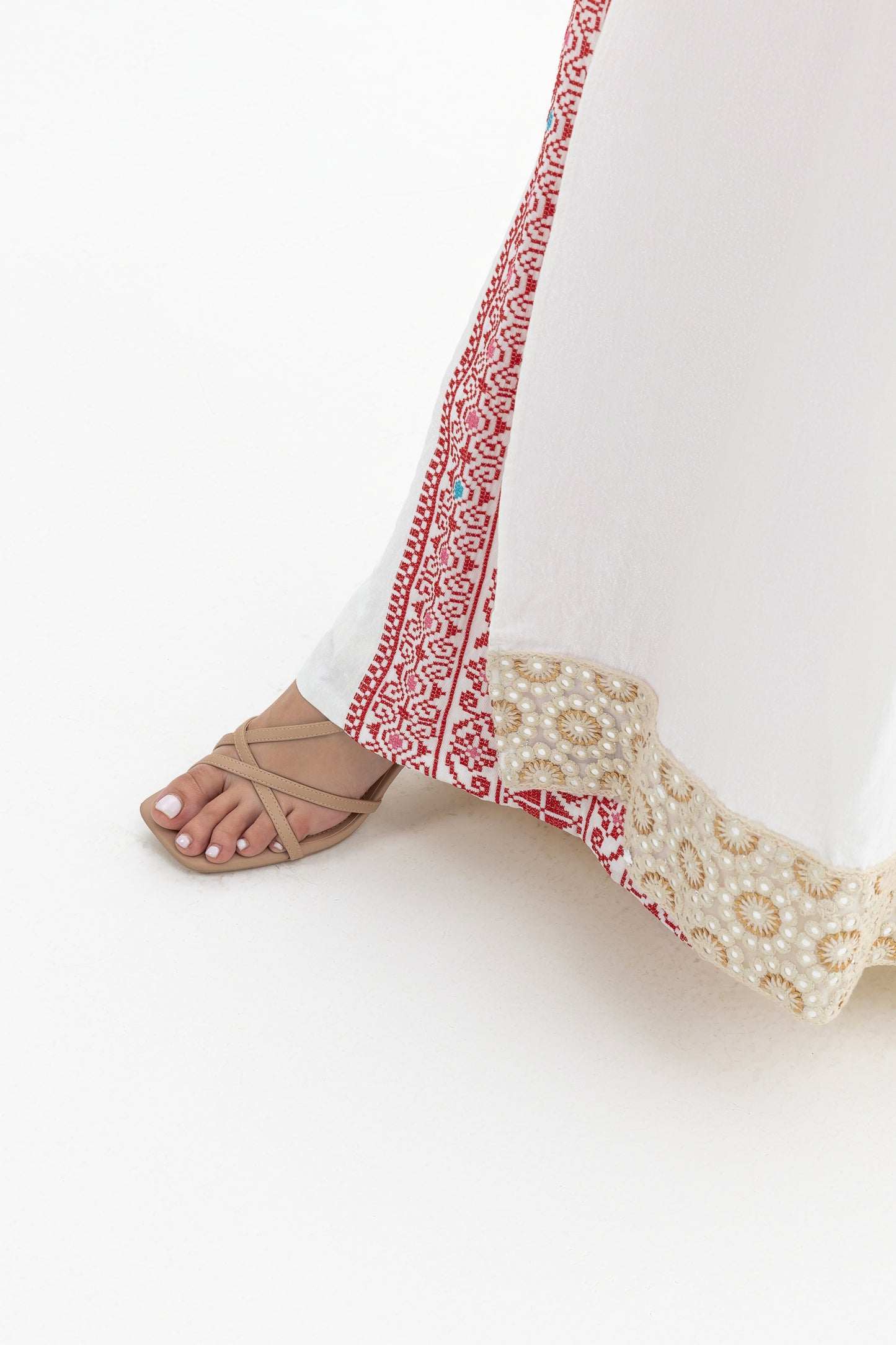 White abaya with Red Embroidery Details