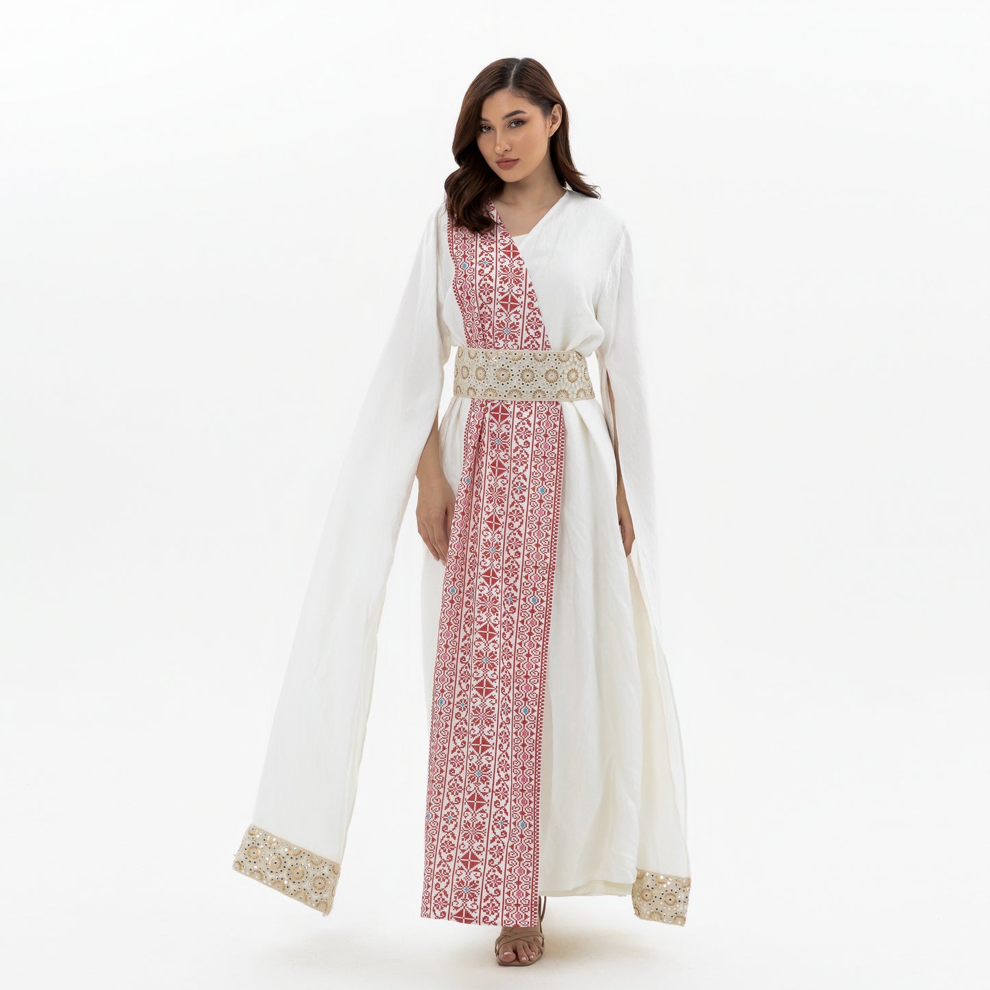 White abaya with Red Embroidery Details