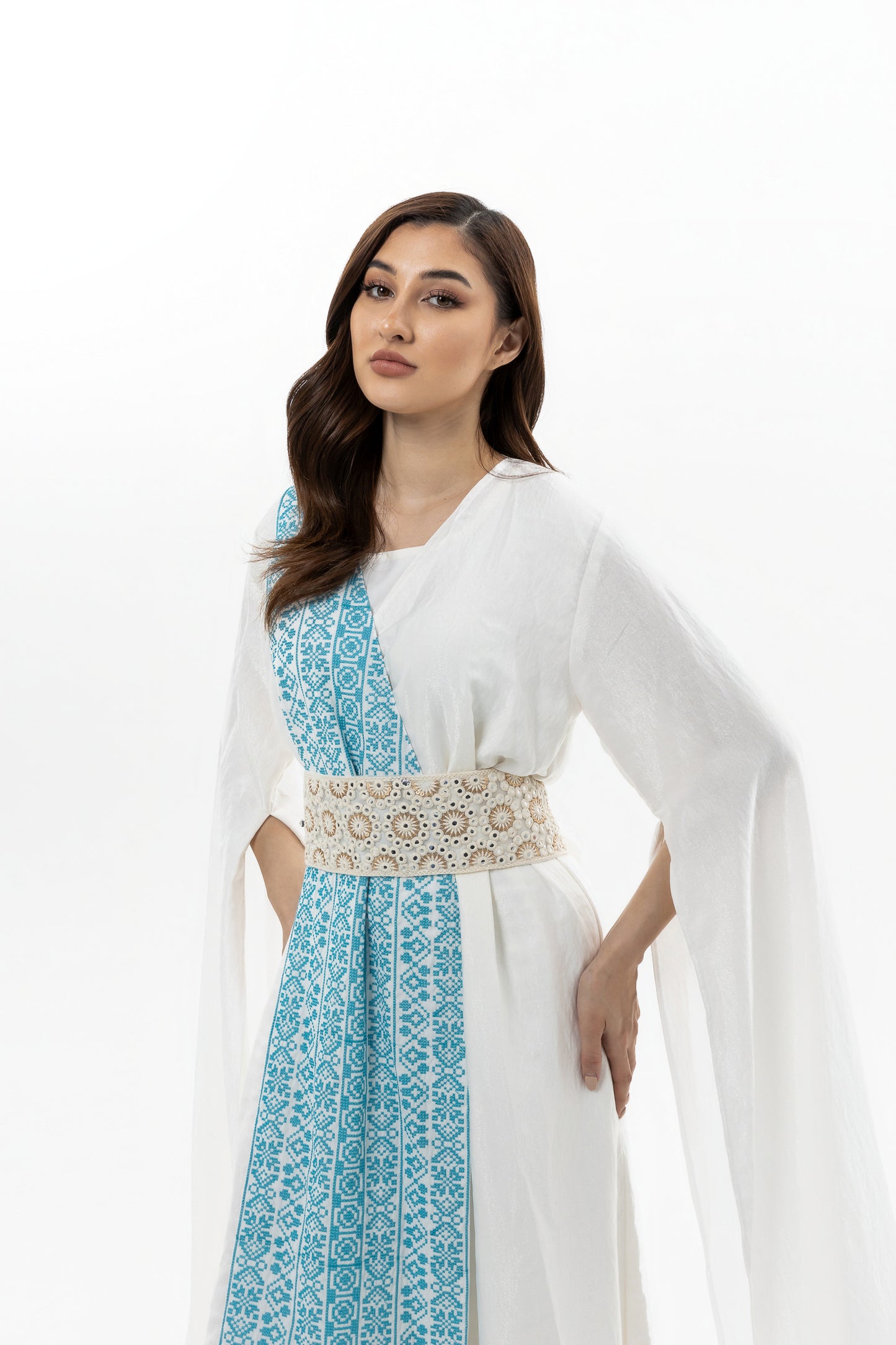 White Abaya with Blue Embroidery Details