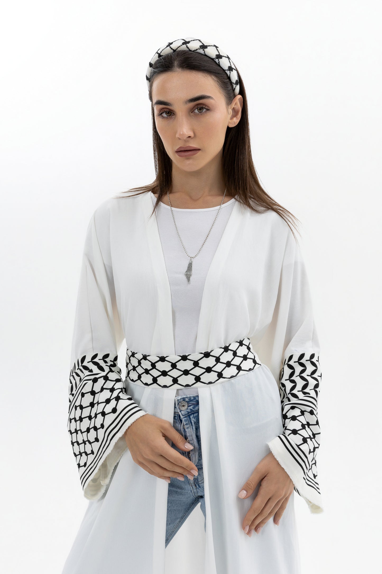 White Abaya with Keffiyeh Sleeves