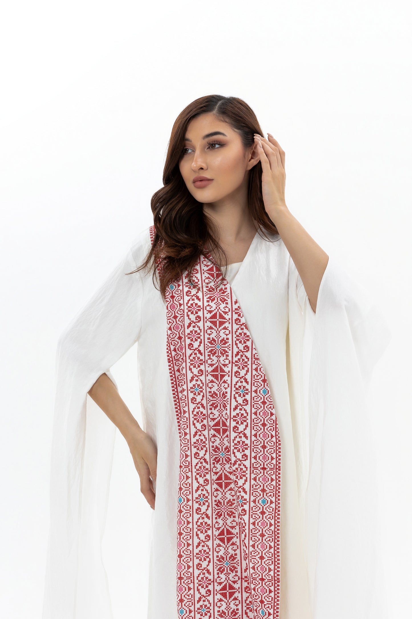 White abaya with Red Embroidery Details