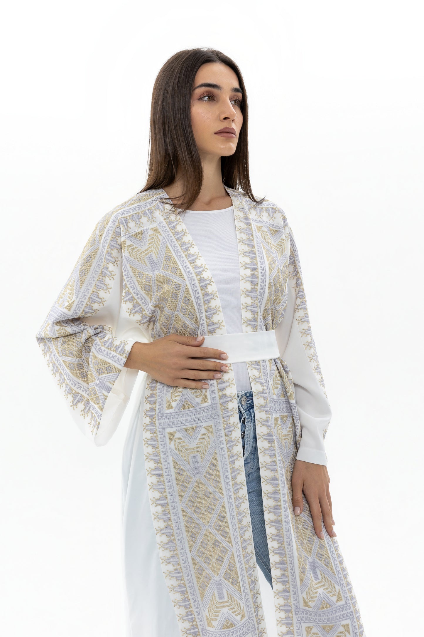 White Abaya with Gold & Silver Tatreez