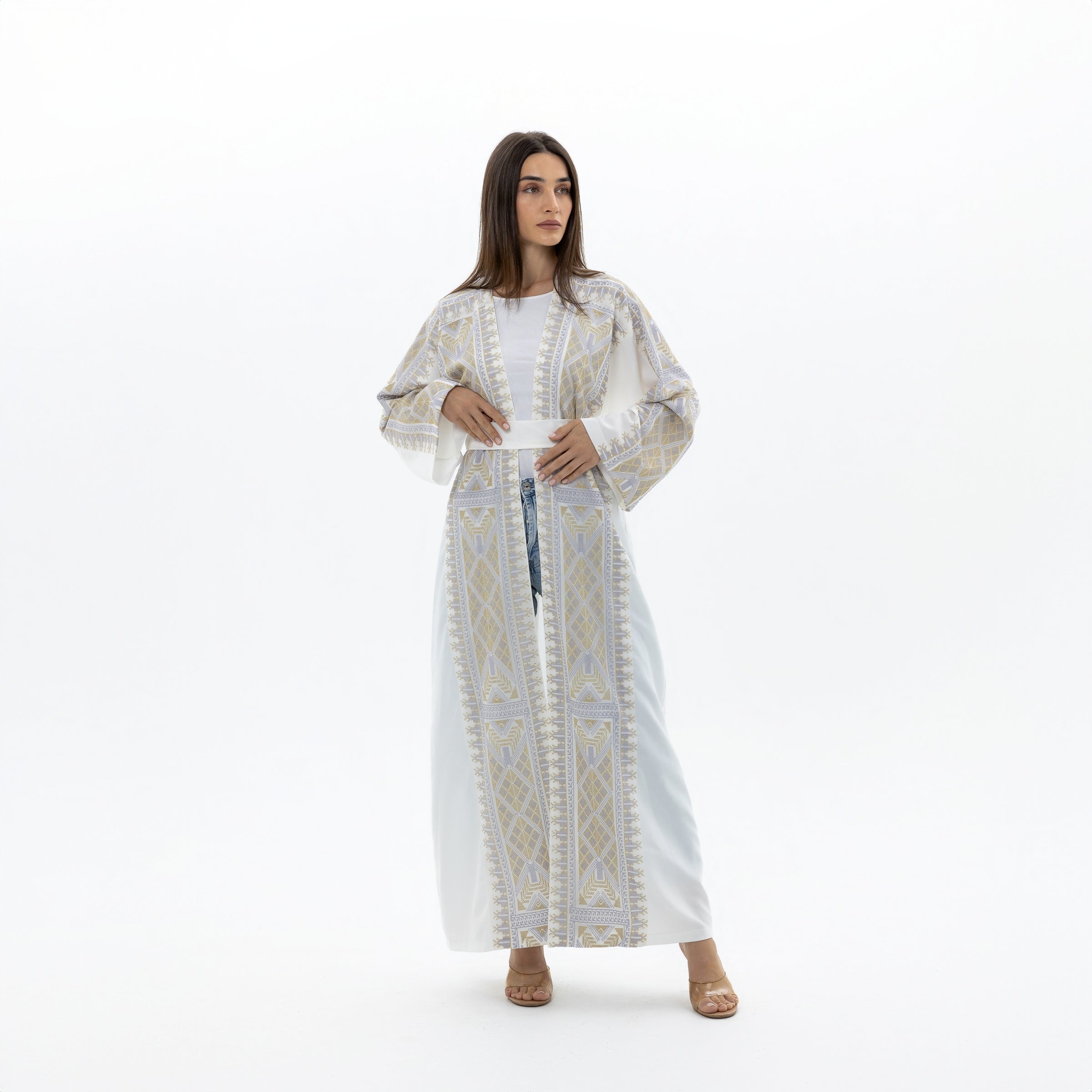 White Abaya with Gold & Silver Tatreez