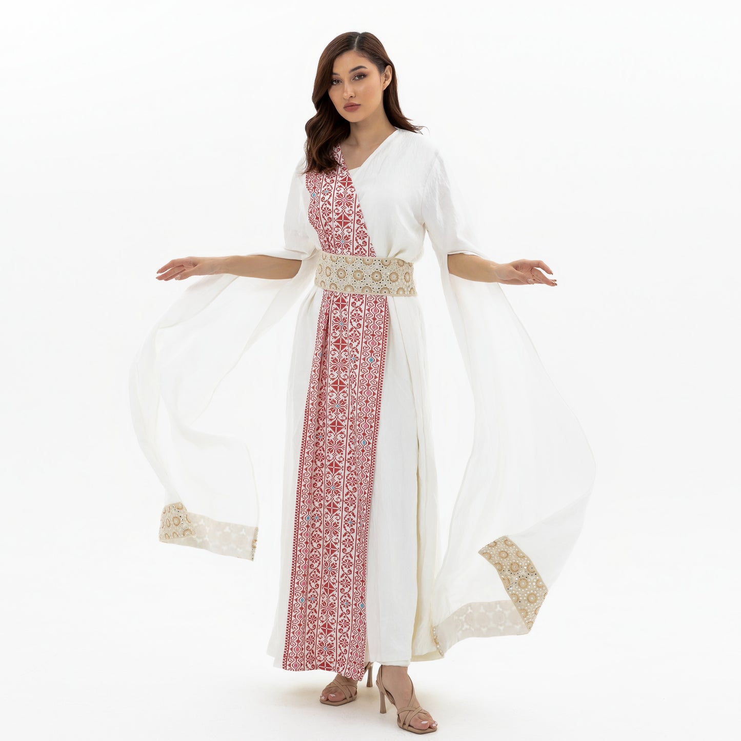 White abaya with Red Embroidery Details