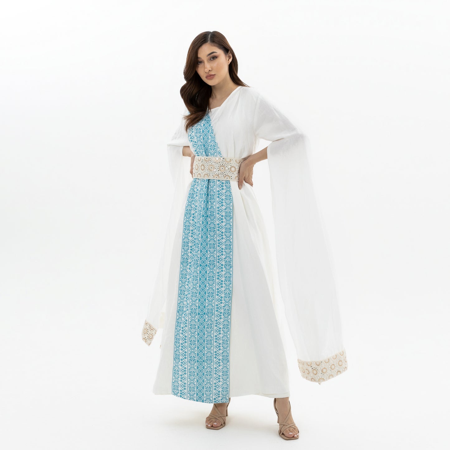 White Abaya with Blue Embroidery Details