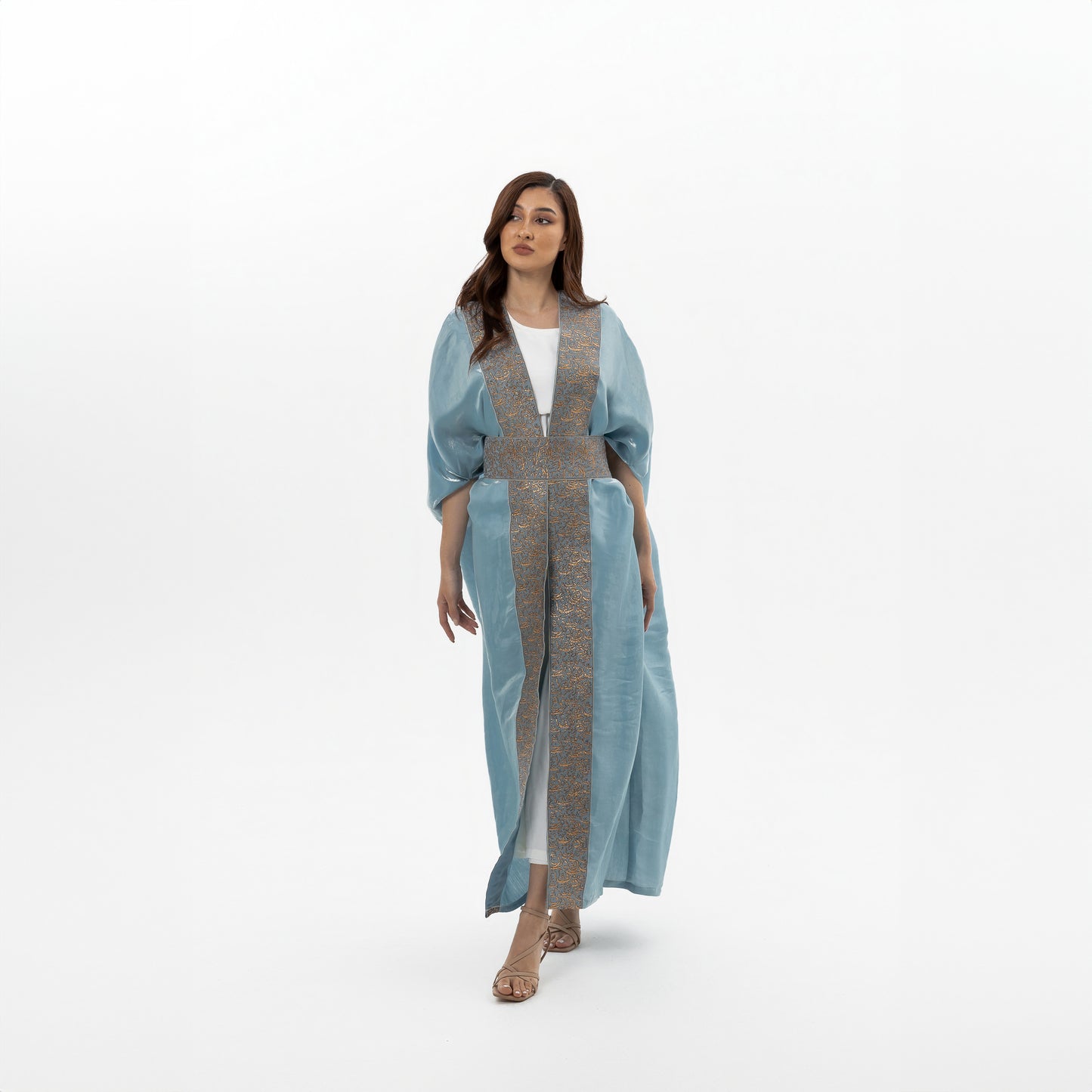 Blue-Gray Abaya with Embroidered Belt