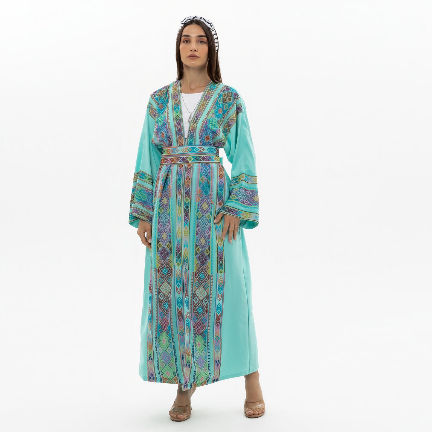 Turquoise open abaya with Tatreez Details