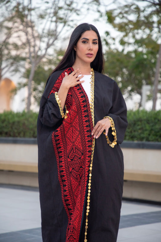 Adult Red & Black Abaya with Tatreez & Gold coins (Lerat)