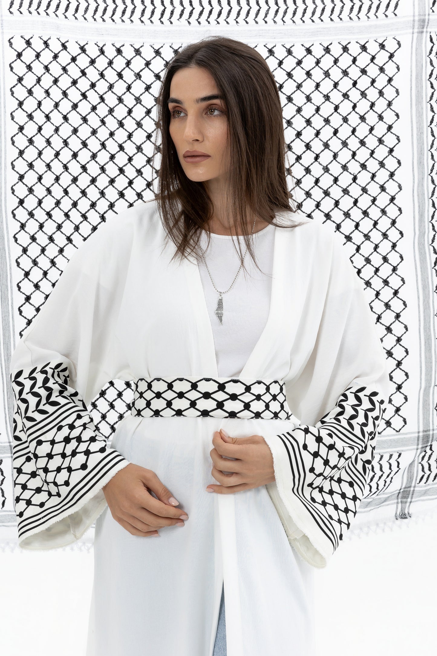 White Abaya with Keffiyeh Sleeves