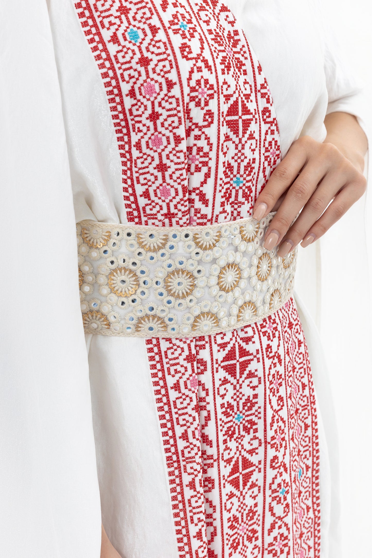 White abaya with Red Embroidery Details