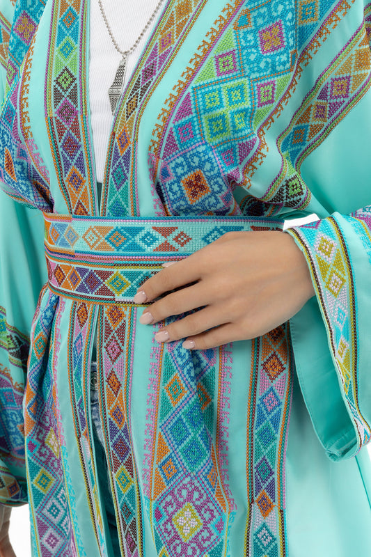 Turquoise open abaya with Tatreez Details