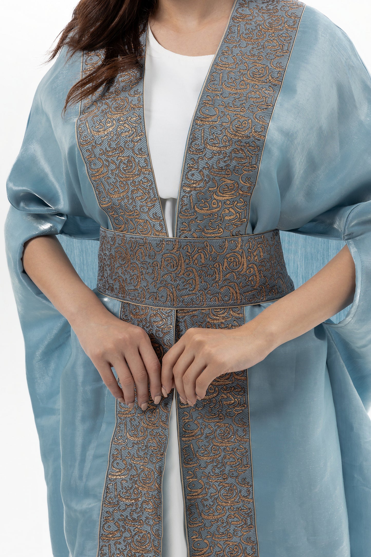 Blue-Gray Abaya with Embroidered Belt